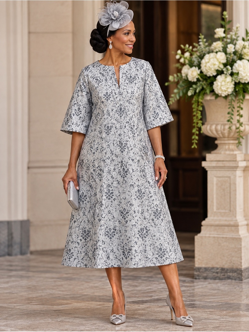 Beau & Ro The Fête Collection Cornelia Silver Jacquard Midi Dress NWT S